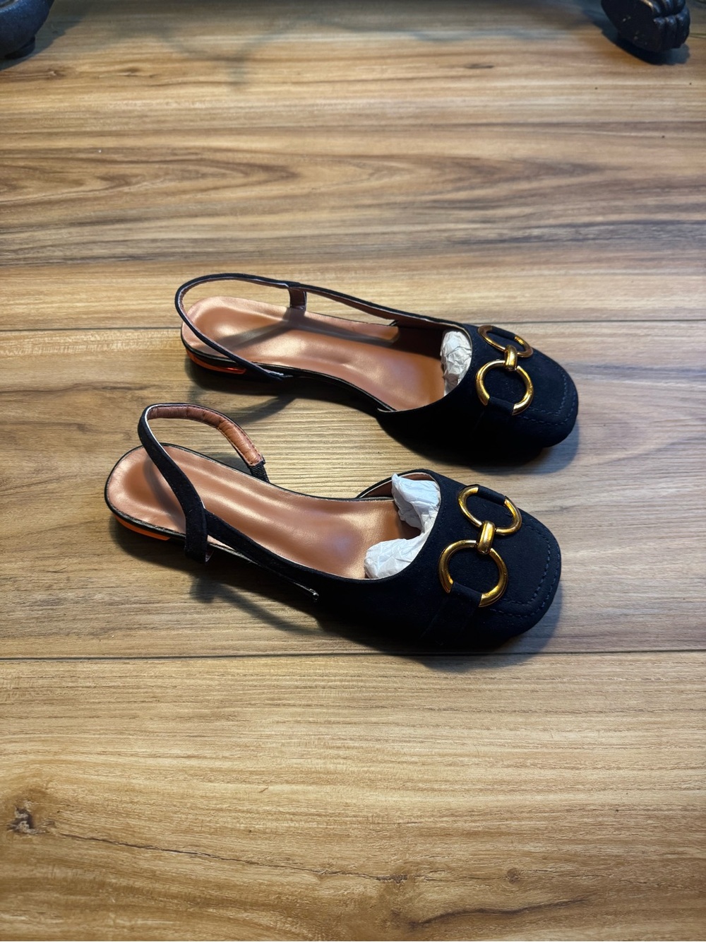 Black Slingback Faux Suede Flats with Gold Ring Detail